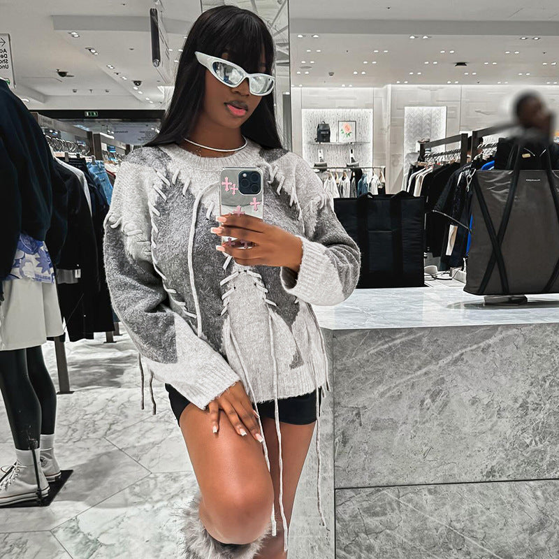 Fashion Design Single Braided Rope Knitted Sweater