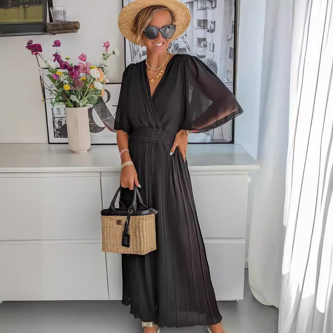 Wide Leg Pants V-neck Fitted Waist Jumpsuit Women's Wear Wish Independent Station Summer Hot