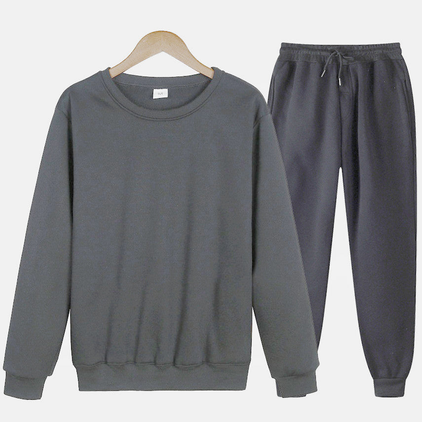 Solid Color Loose Trendy Round Neck Autumn Winter Sweater Suit Men