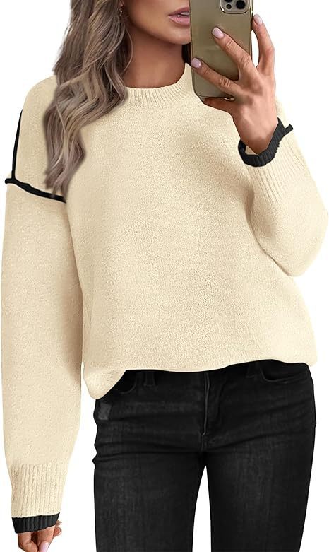 Women's Knitted Sweater With Round Neck Multicolor Cuffs