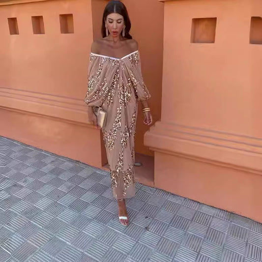 Bat Sleeve Sequins Deep V-neck Long Dress 20240345