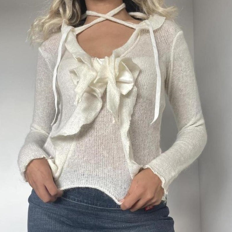 Sweet And Spicy Style Knitted Off-shoulder Long Sleeve Top
