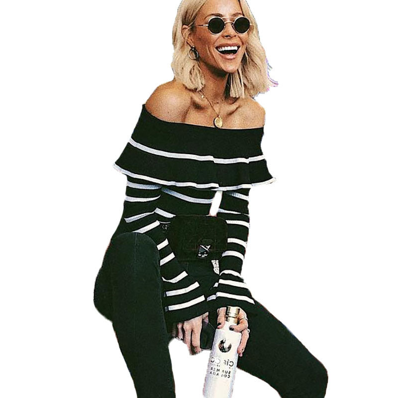 Women's Long Sleeve Pullover Top Striped Ruffles