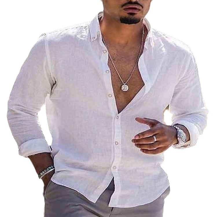 Summer Stand Collar Cotton And Linen Casual Solid Color Shirt