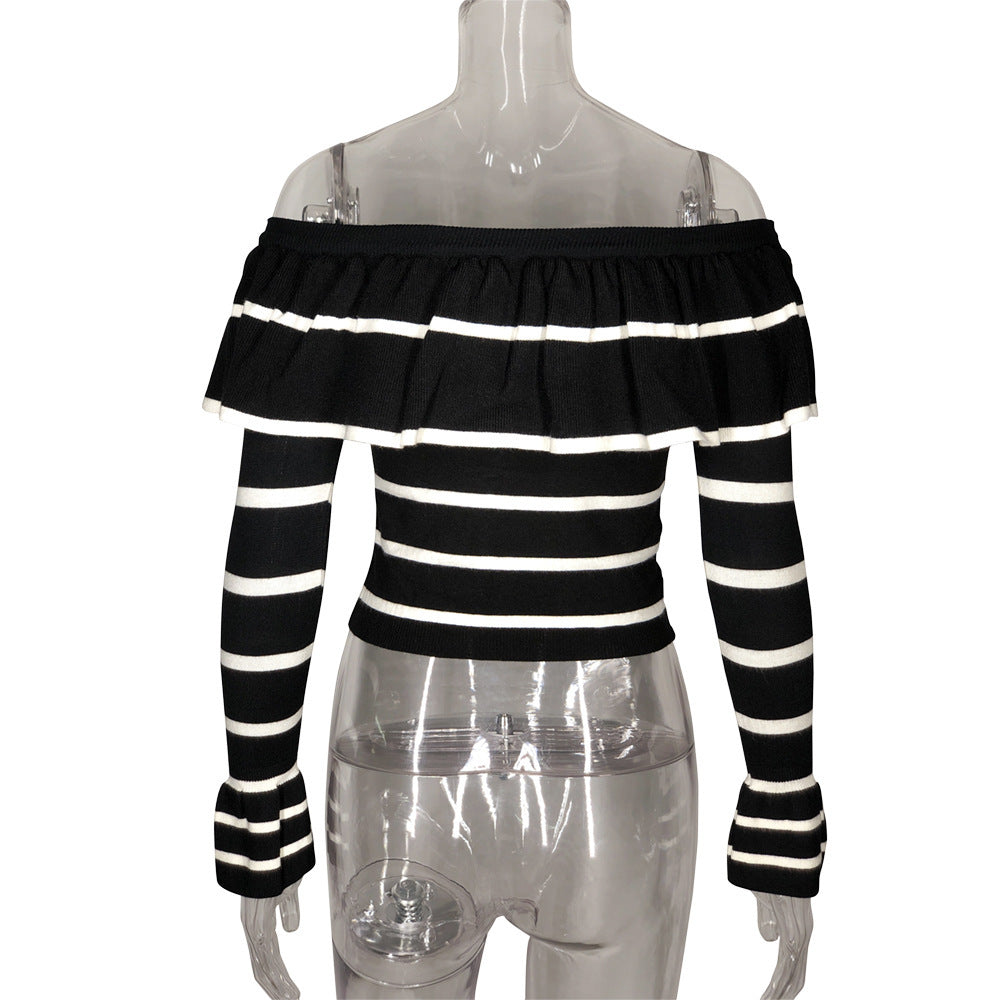 Women's Long Sleeve Pullover Top Striped Ruffles