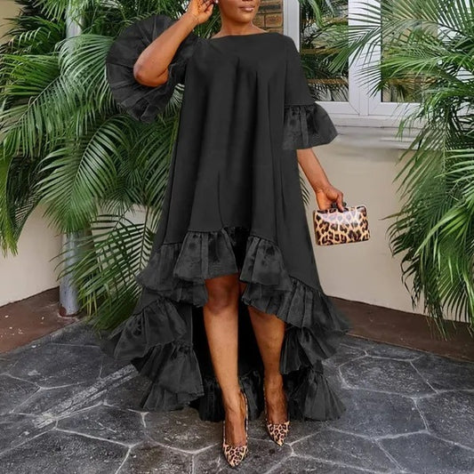 European And American Style Women 3-point Sleeve Irregular Hem Holiday Party Dress Lace Stitching Dress