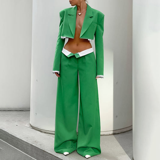 Buckle-free Crop-top Short Top Commuter Wide-leg Pants Suit