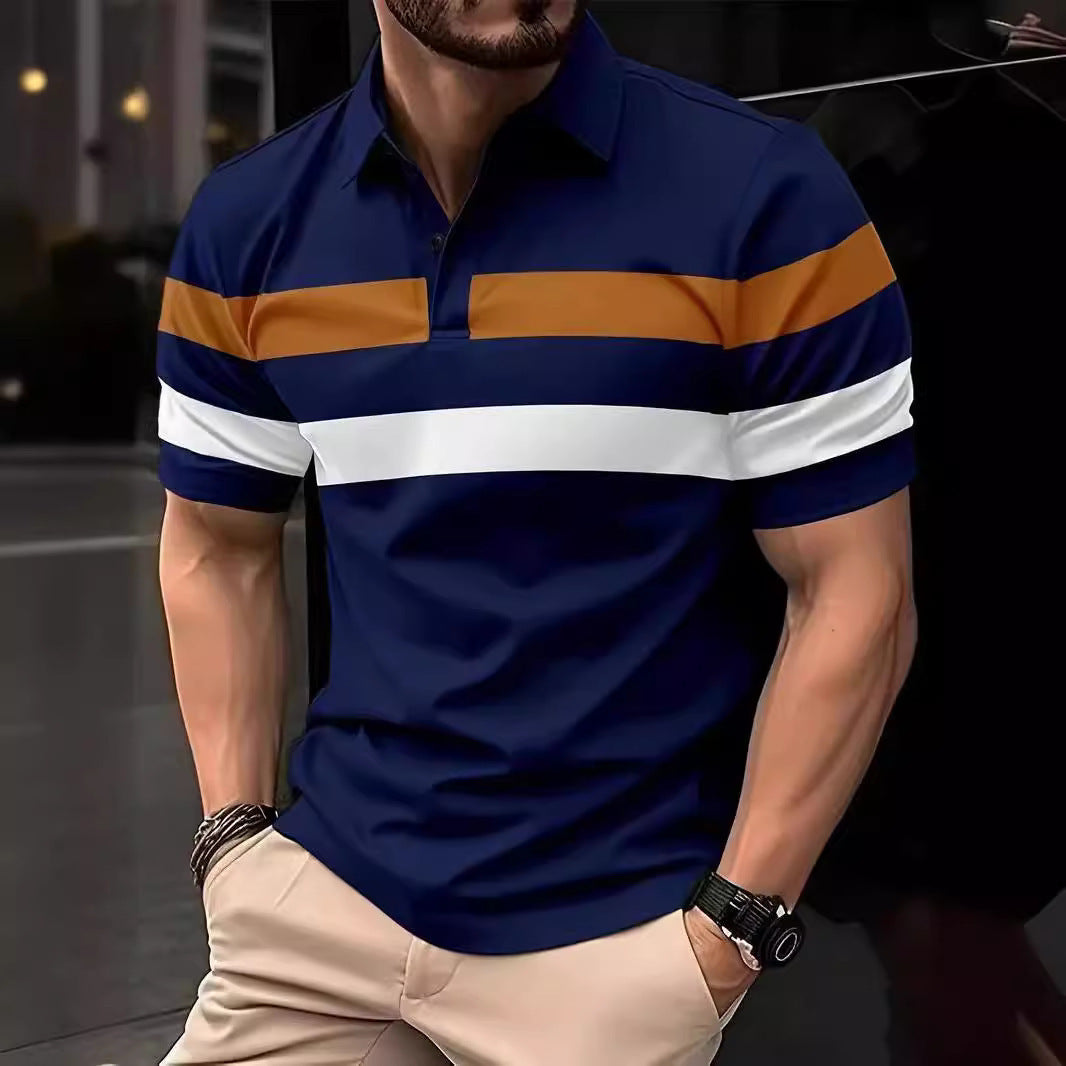 Striped Stitching Fashion Casual Button Short Sleeve
