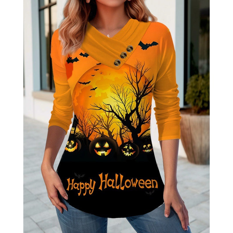 New Women's Clothing Cross-border Foreign Trade Casual 3D Printing V-neck Long Sleeve Top