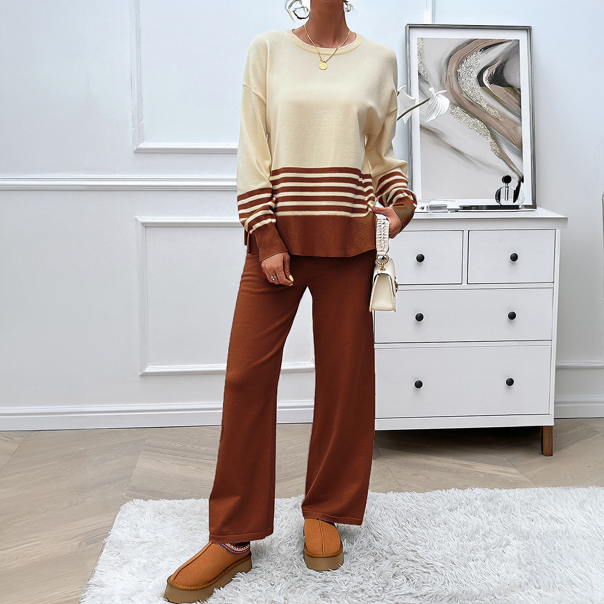 Contrast Color Straight-leg Trousers Sweater Suit