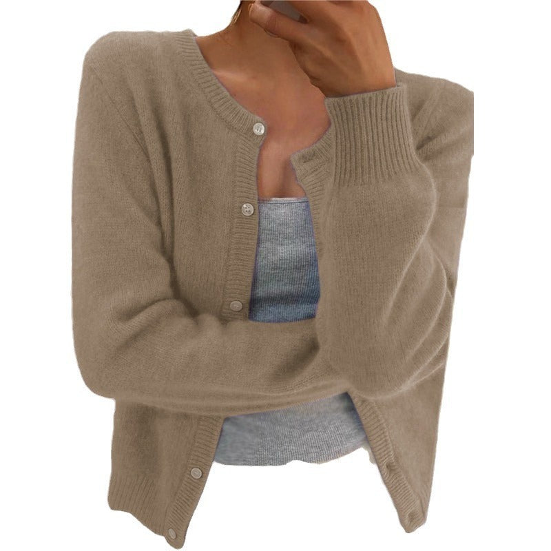 Women's Round Neck Solid Color Knitted Cardigan