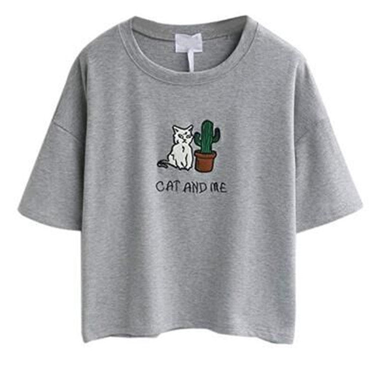 European And American Simple And Short Embroidered Short Sleeve Exposed Navel