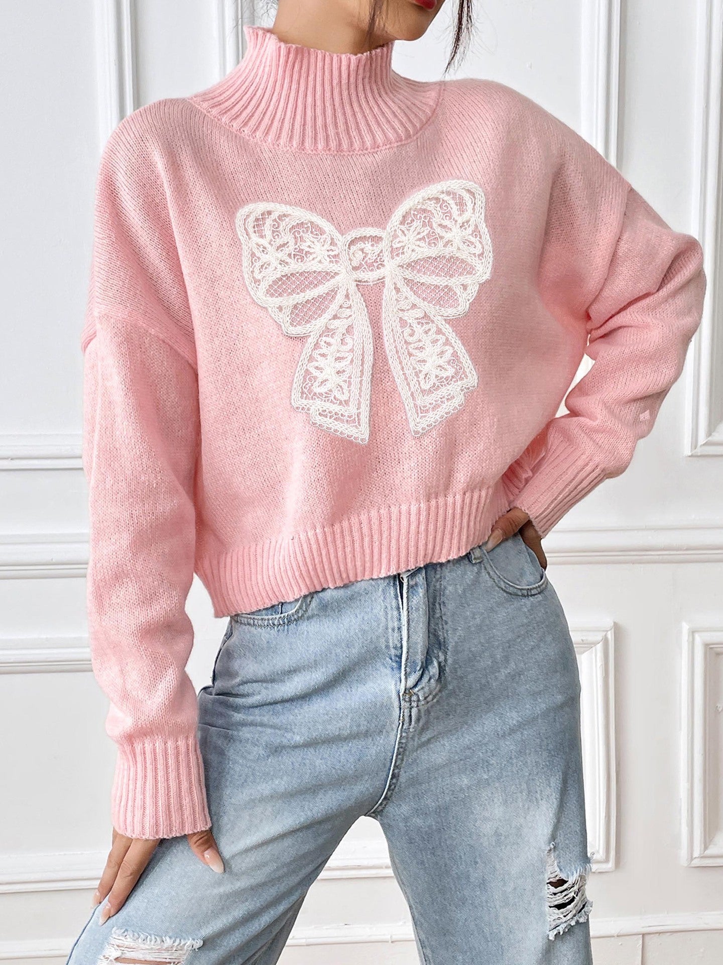 Women's Short Top Turtleneck Pullover Bow