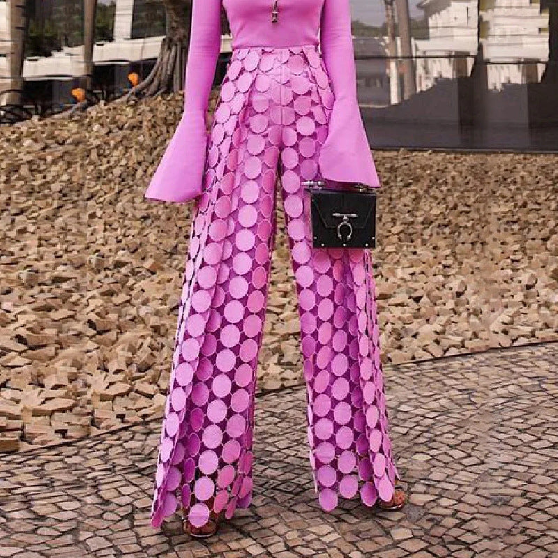 Fashionable Elegant Round Design Tassel Hollow-out Embroidered High Waist Wide-leg Pants