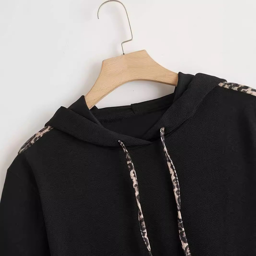 Plus Size Side Leopard Print Drawstring Hoodie