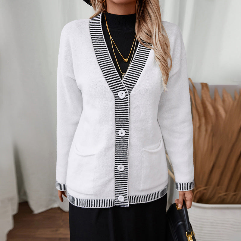 Women's Knitwear Striped Contrast Color V-neck Single Breasted