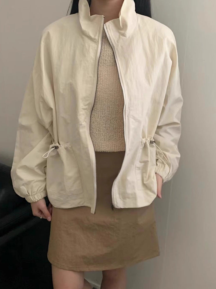 Leisure Cargo Style Drawstring Pocket Zipper Coat For Women