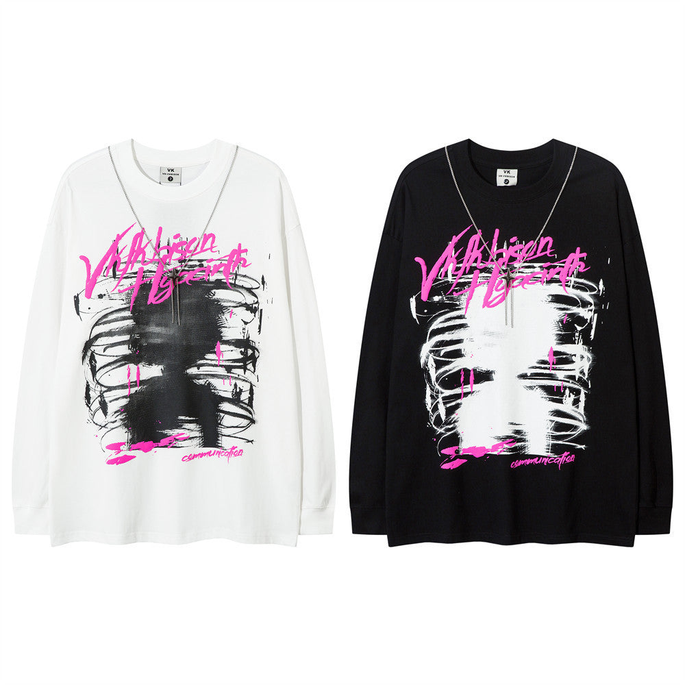 Metal Necklace Strip Long Sleeve T-shirt Men's Abstract Graffiti