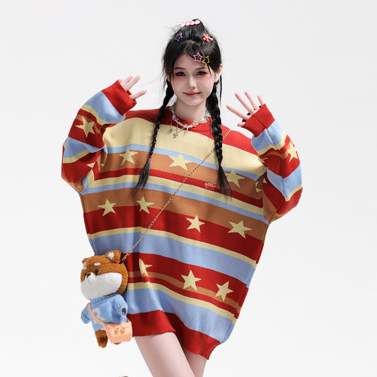 Contrast Color Striped Full Printed Five-pointed Star Round Neck Sweater For Women