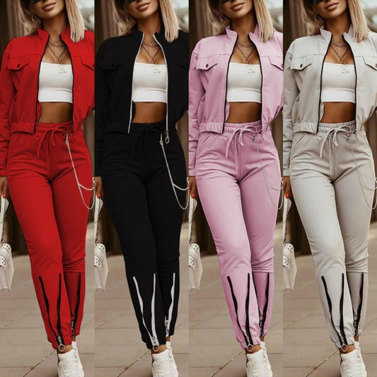 Zipper Design Long Sleeve Top Drawstring Pants Casual Suit