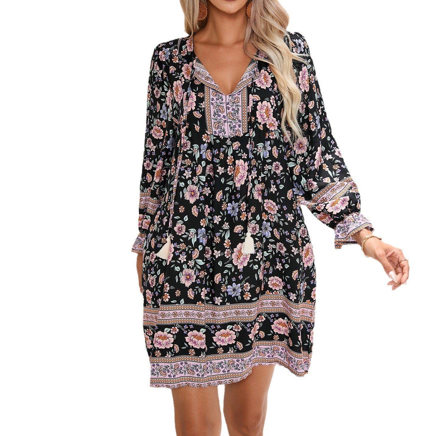 Long Sleeve Bohemian Leisure Vacation Positioning Flower Dress