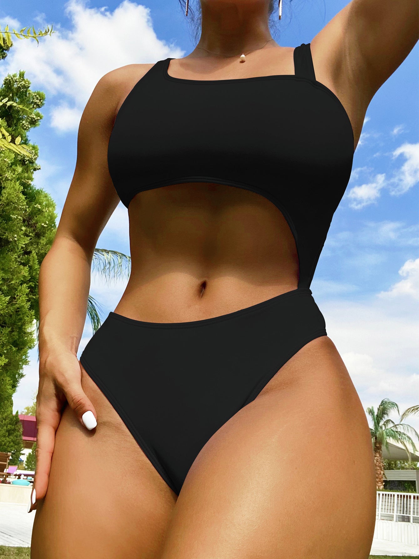 One-piece Swimsuit Women's Hollow Swimwear Solid Color