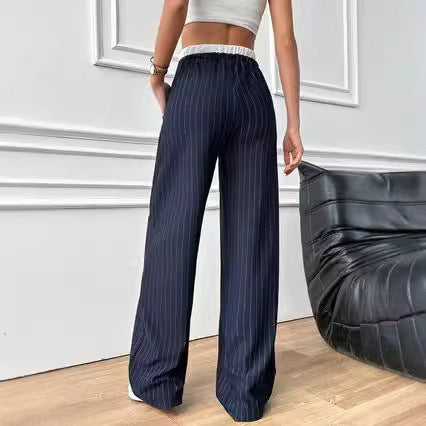 Casual Vertical Stripes Color Matching High Waist Trousers