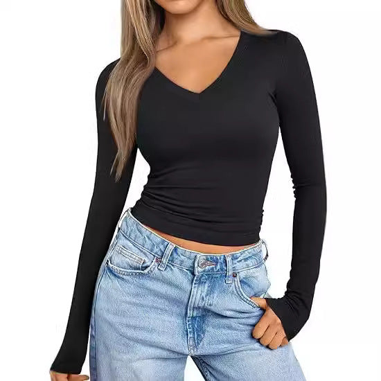 Long Sleeve Tops V-neck Slim Women's T-shirt
