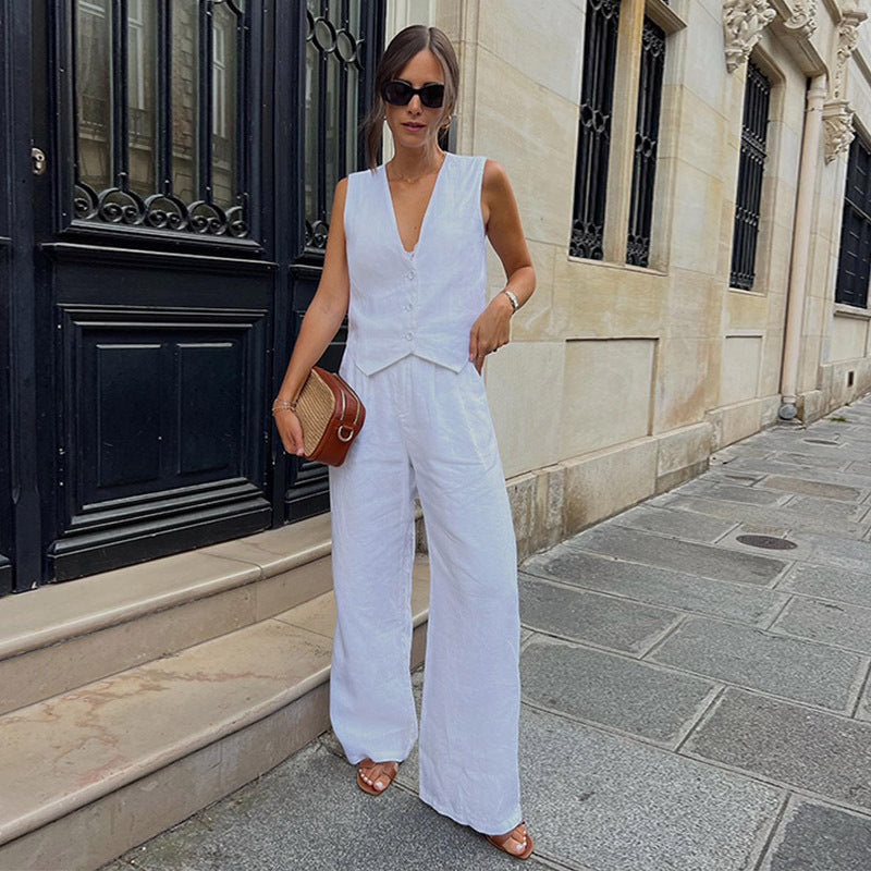 European And American Women's Cotton And Linen Sleeveless Vest Waistcoat Trousers Two-piece Set