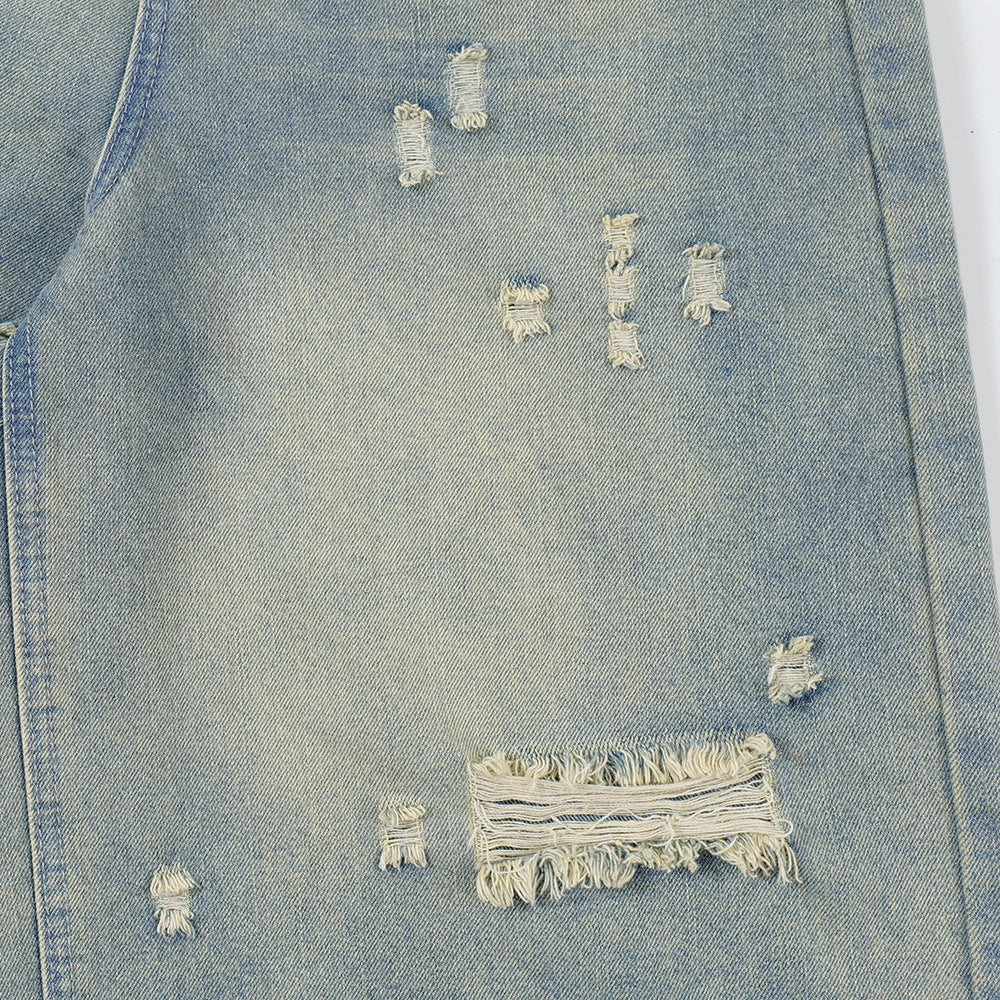 Punk Ripped Wash Denim Straight Cropped Pants