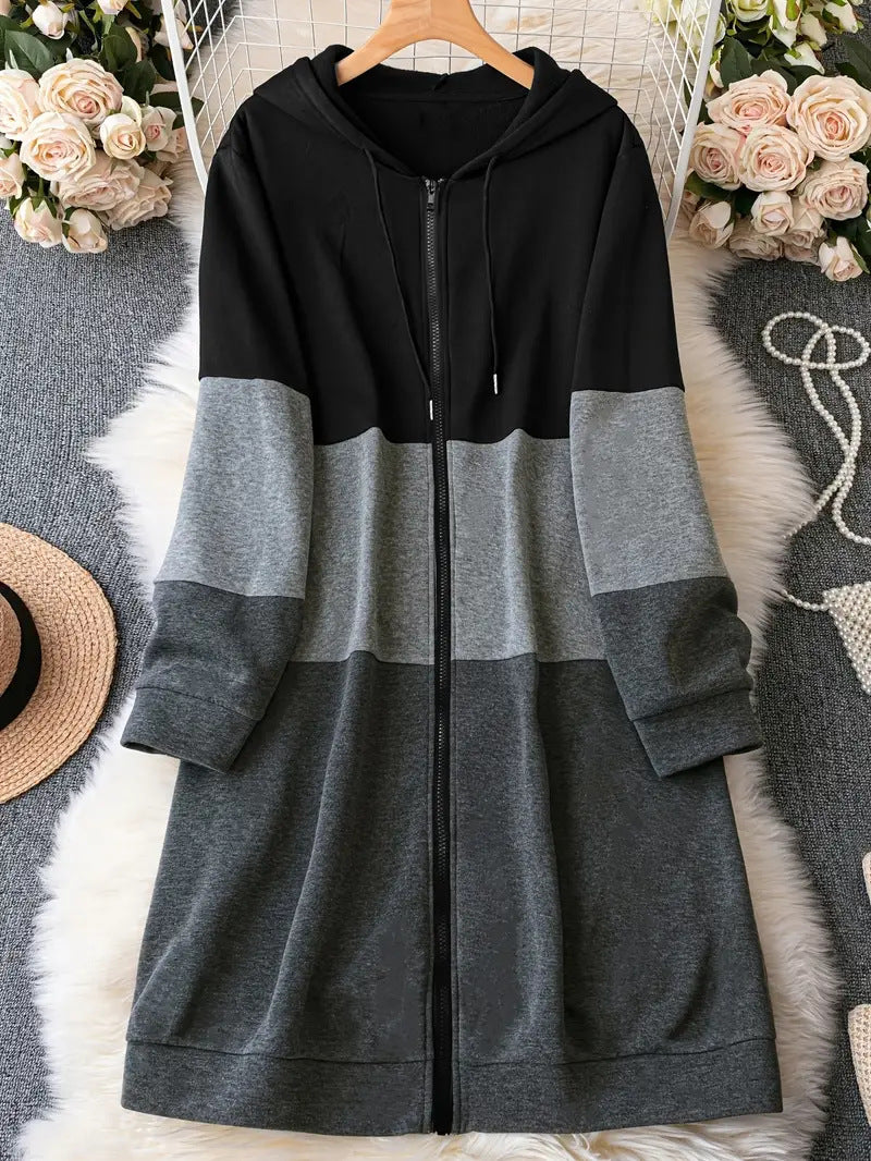 Color Contrast Patchwork Real Pocket Hoodie Coat