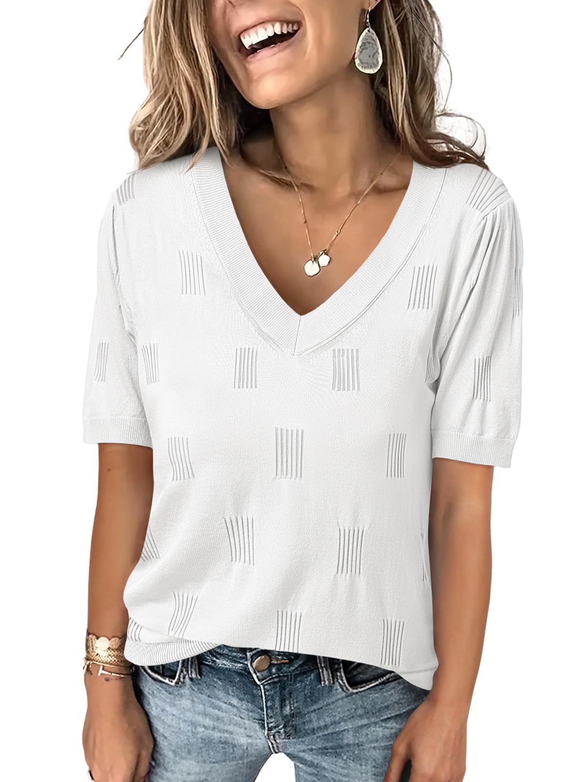 V-neck Lightweight Thin Knit Sweater With Short Sleeves