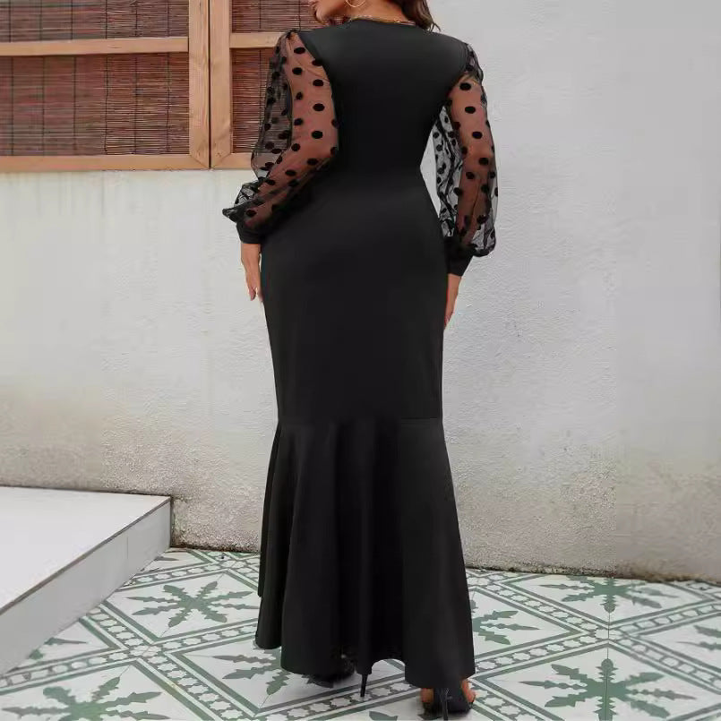 Ladies New Plus Size Sleeve Elegant Dot Mesh Stitching Elastic Hip Skirt