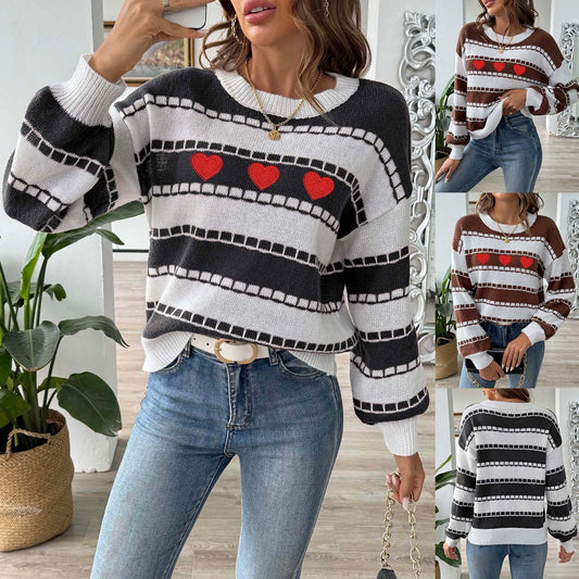 Women's Sweater Bottoming Shirt Color Contrast Patchwork Stripes