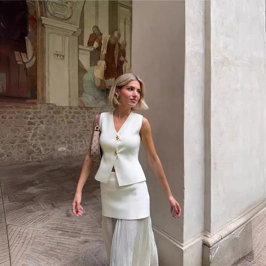 Women's Knitted Vest Splicing Long Skirt Set