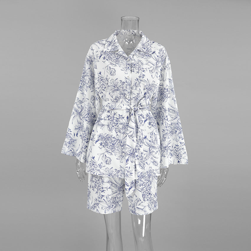 Women's Printed Lace-up Long Sleeve Shirt Loose Two-piece Suit