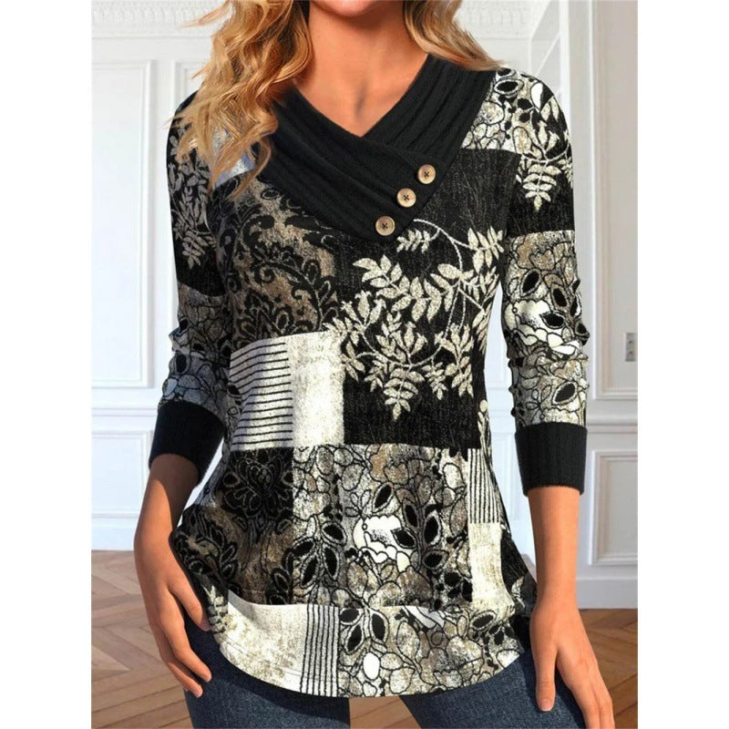 New Women's Clothing Cross-border Foreign Trade Casual 3D Printing V-neck Long Sleeve Top