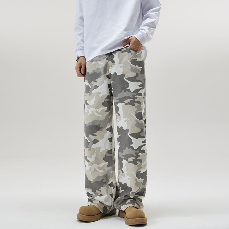 American Retro High Street Gray White Camouflage Pants