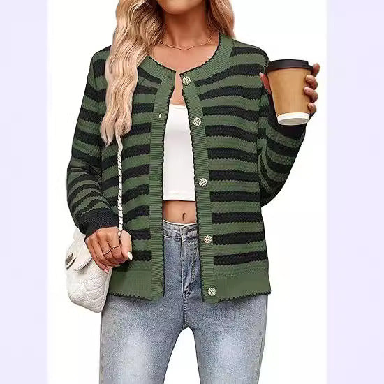 Women's Striped Sweater Button Knit