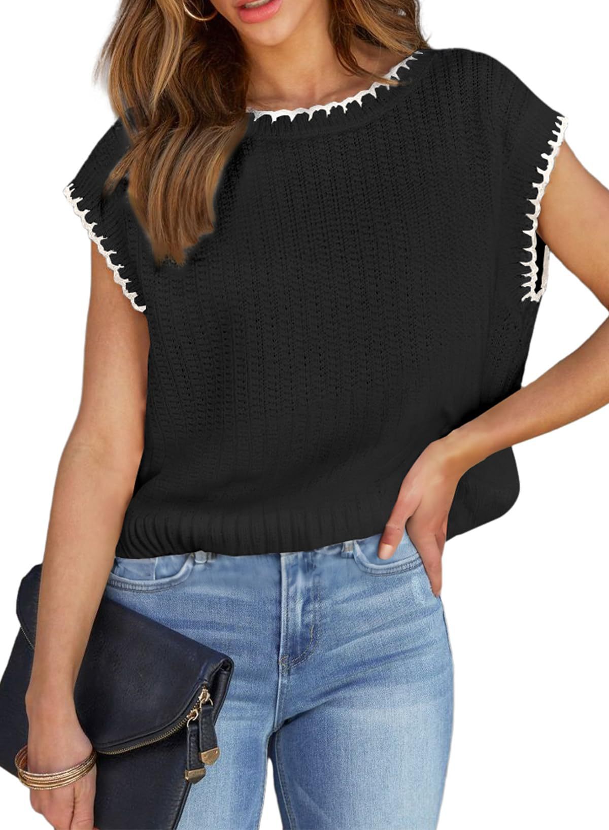 Round Neck Sweater Vest Casual Hat Sleeve Knitted Lightweight Pullover Short Sleeve