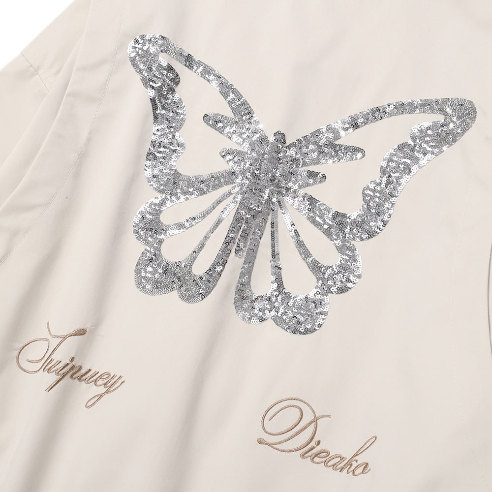 Design Sequined Embroidered Butterfly Baggy Coat Baseball Uniform