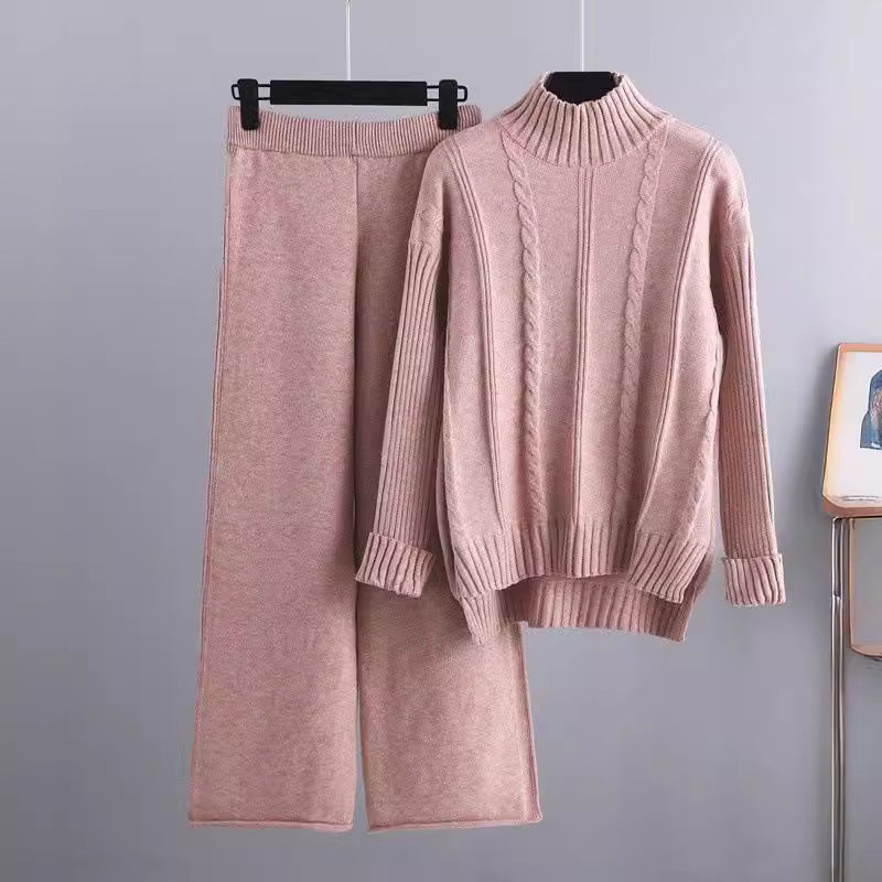 High-end Mock Neck Sweater Wide-leg Pants Suit Women