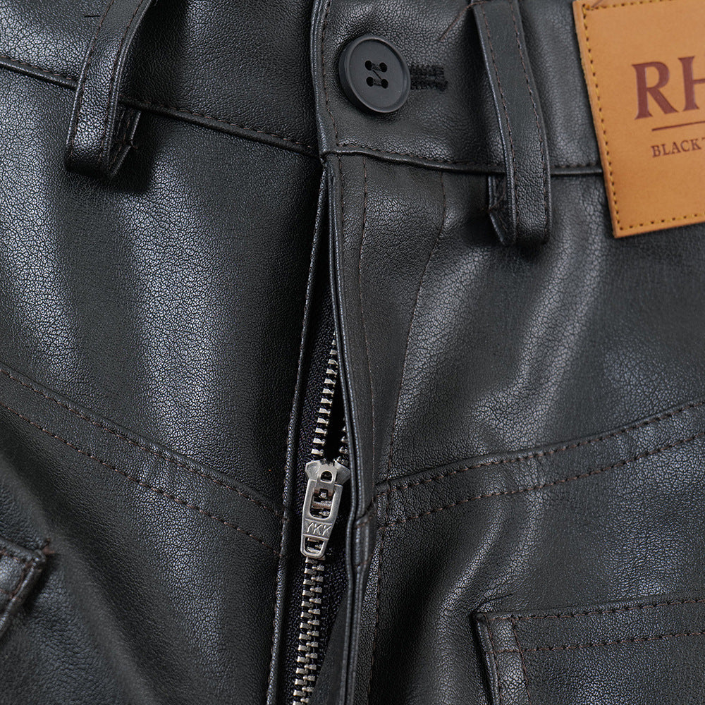 Men's Loose Cool Straight Pocket Inside-out Wear Design PU Leather Shorts