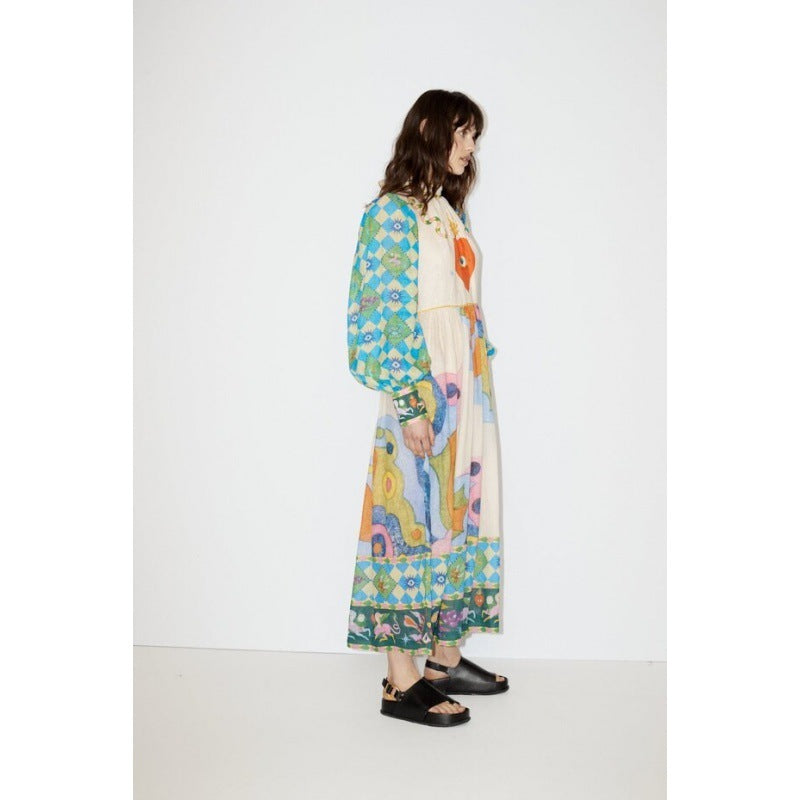 Long Macaron Dress With Lantern Sleeves For Women
