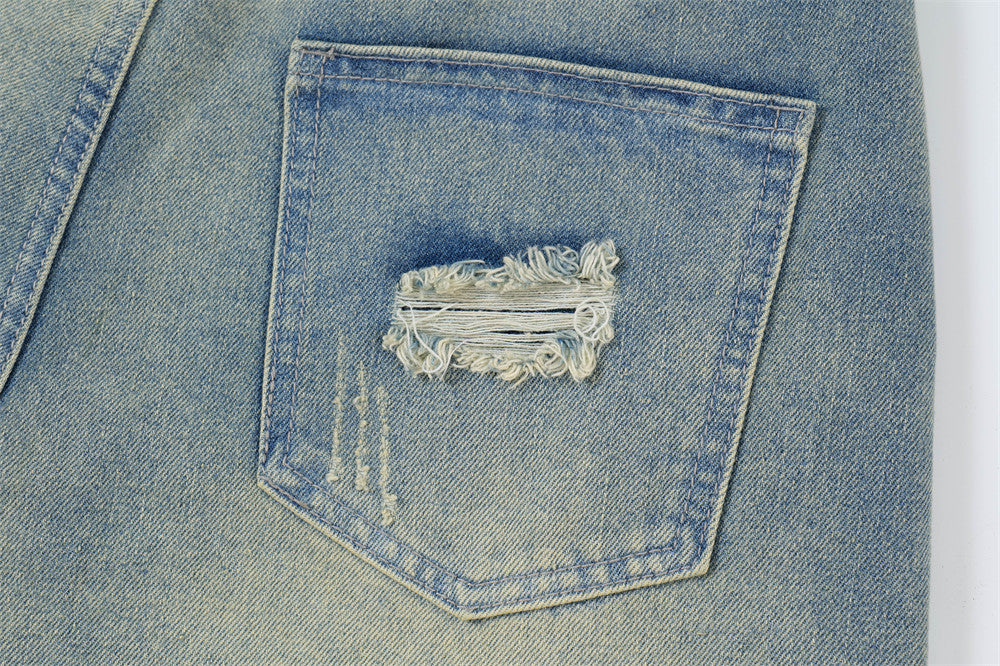 Punk Ripped Wash Denim Straight Cropped Pants