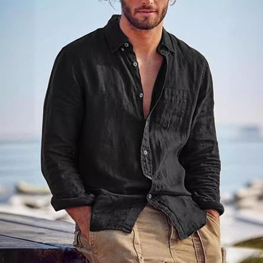Summer Stand Collar Cotton And Linen Casual Solid Color Shirt