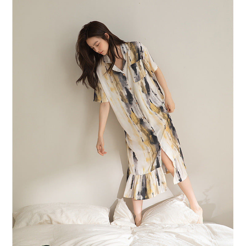 Cool Artificial Silk Nightdress Women's Short Sleeve