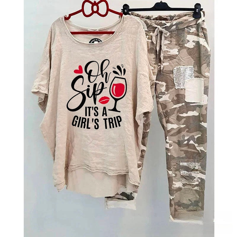 Casual Suit Women's Cotton And Linen Heat Transfer Patch Top Camouflage Printing Sweatpants
