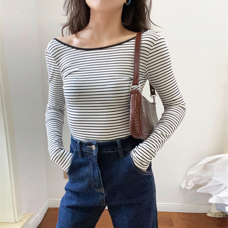 Summer Long-sleeved Striped T-shirt Women's Low Collar Beauty Back Knitted