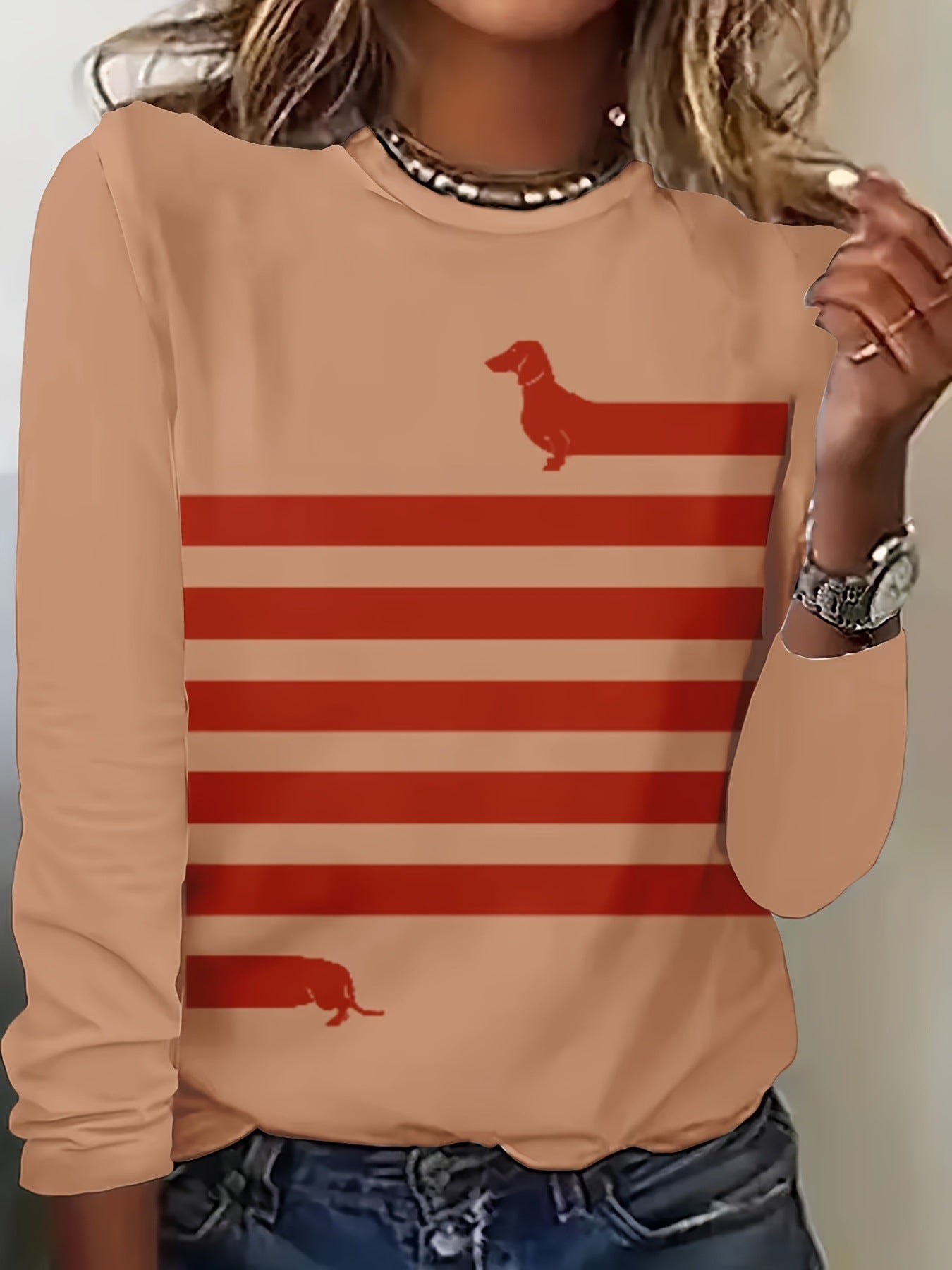 Dog And Striped Printed Round Neck T-shirt Spring And Autumn Casual Long Sleeve Top Women's Clothing